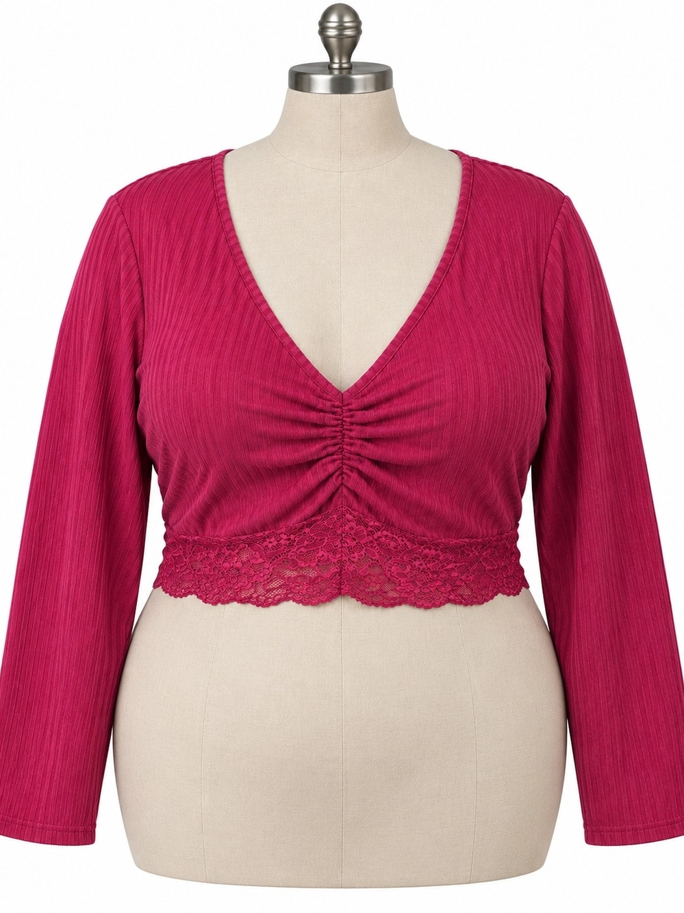 SHEIN Curve Burgundy Ribbed V-Neck Lace Trim Crop Top Long Sleeve Size 3X